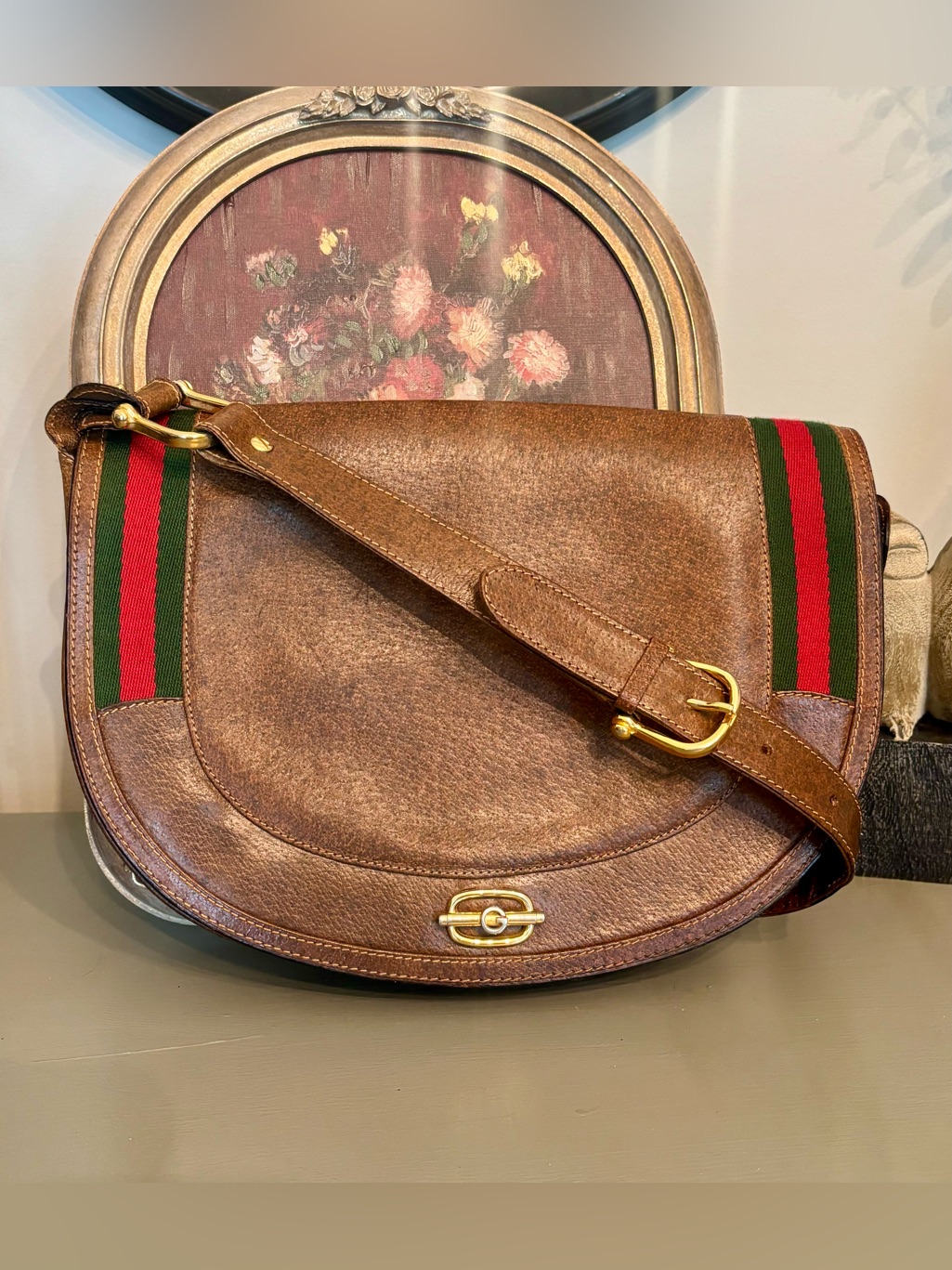 Rare Vintage Gucci Brown Stirrup Leather Saddle Shoulder Bag With Dustbag